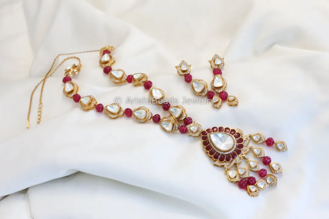 Premium Quality Red Polki Necklace Set