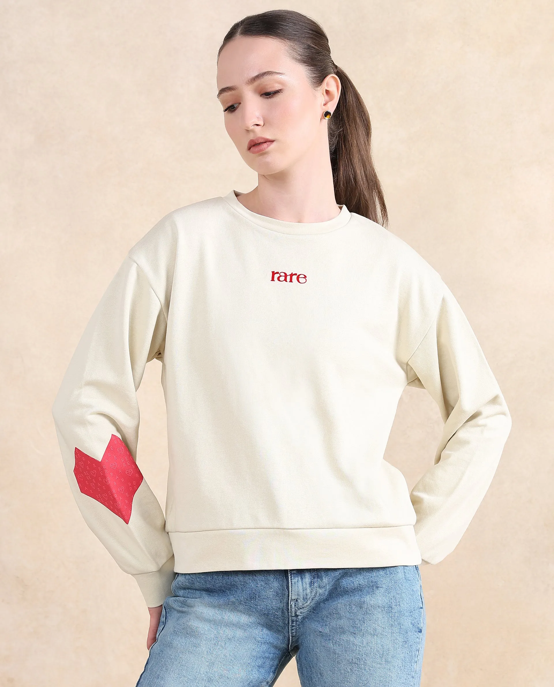 Rareism Women Flar Light Beige Cotton Blend Fabric Full Sleeve Crew Neck Relaxed Fit Graphic Print Sweatshirt