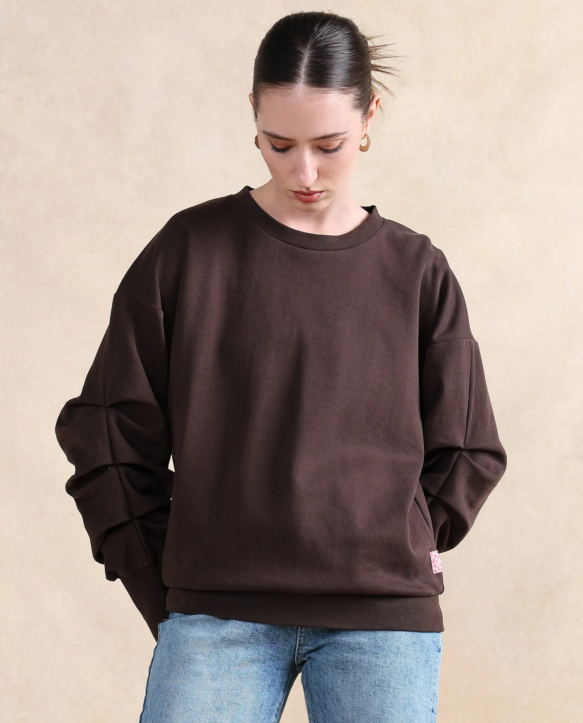 Rareism Women Ruch Brown Cotton Blend Fabric Full Sleeve Crew Neck Relaxed Fit Hip Length Plain Sweatshirt