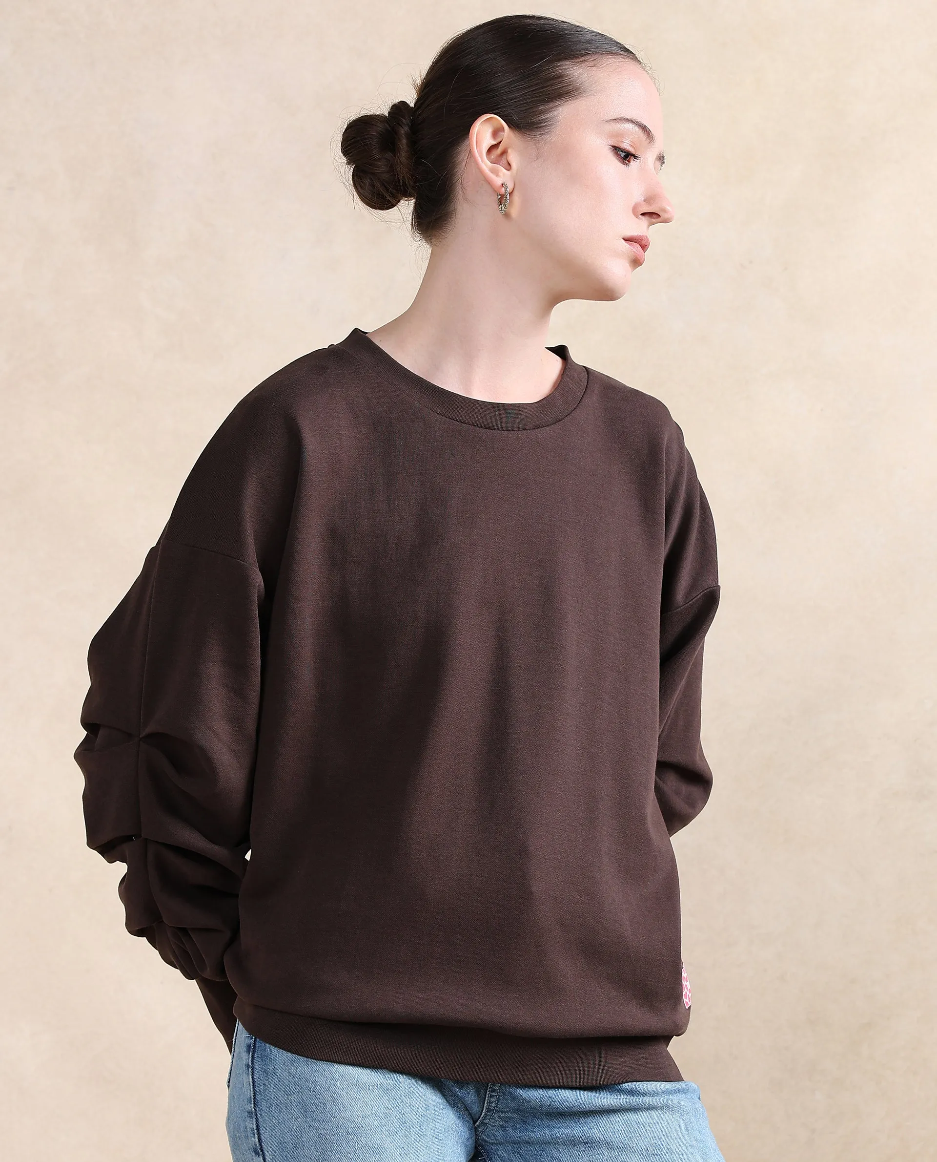 Rareism Women Ruch Brown Cotton Blend Fabric Full Sleeve Crew Neck Relaxed Fit Hip Length Plain Sweatshirt