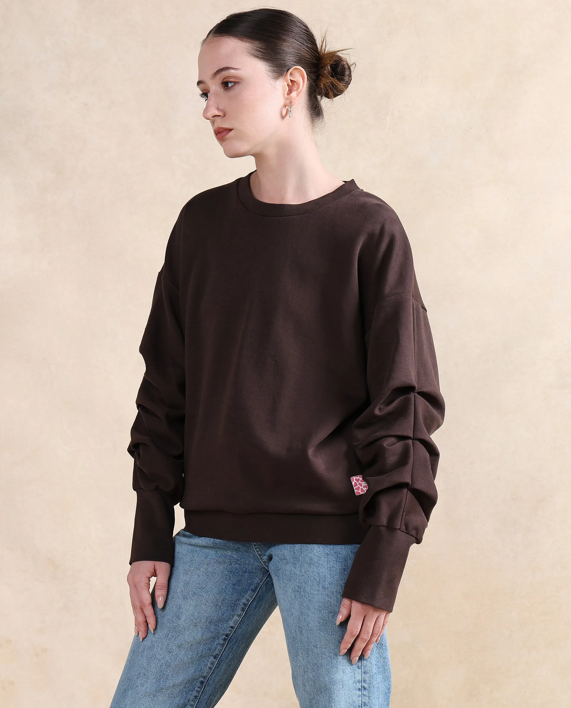 Rareism Women Ruch Brown Cotton Blend Fabric Full Sleeve Crew Neck Relaxed Fit Hip Length Plain Sweatshirt