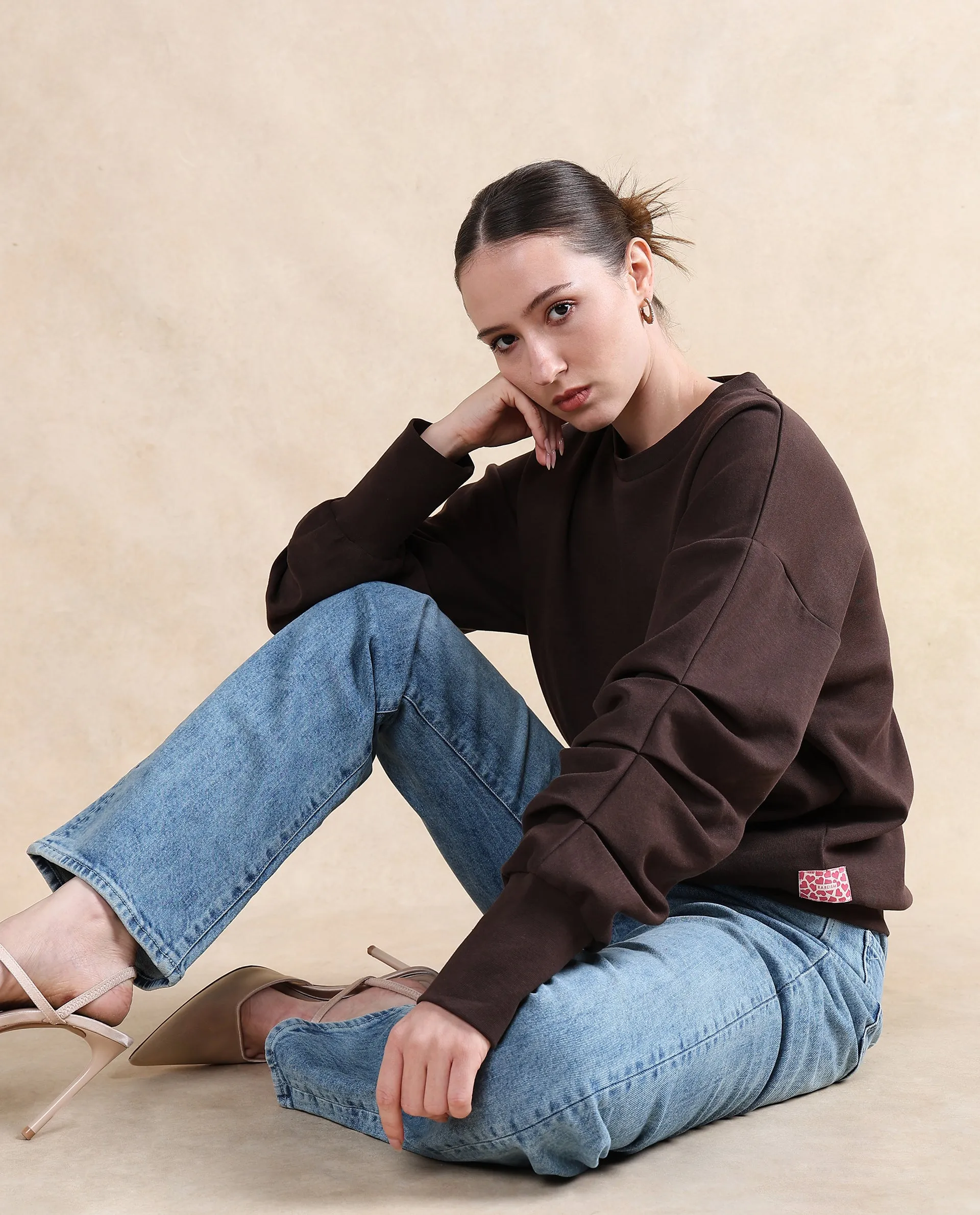 Rareism Women Ruch Brown Cotton Blend Fabric Full Sleeve Crew Neck Relaxed Fit Hip Length Plain Sweatshirt