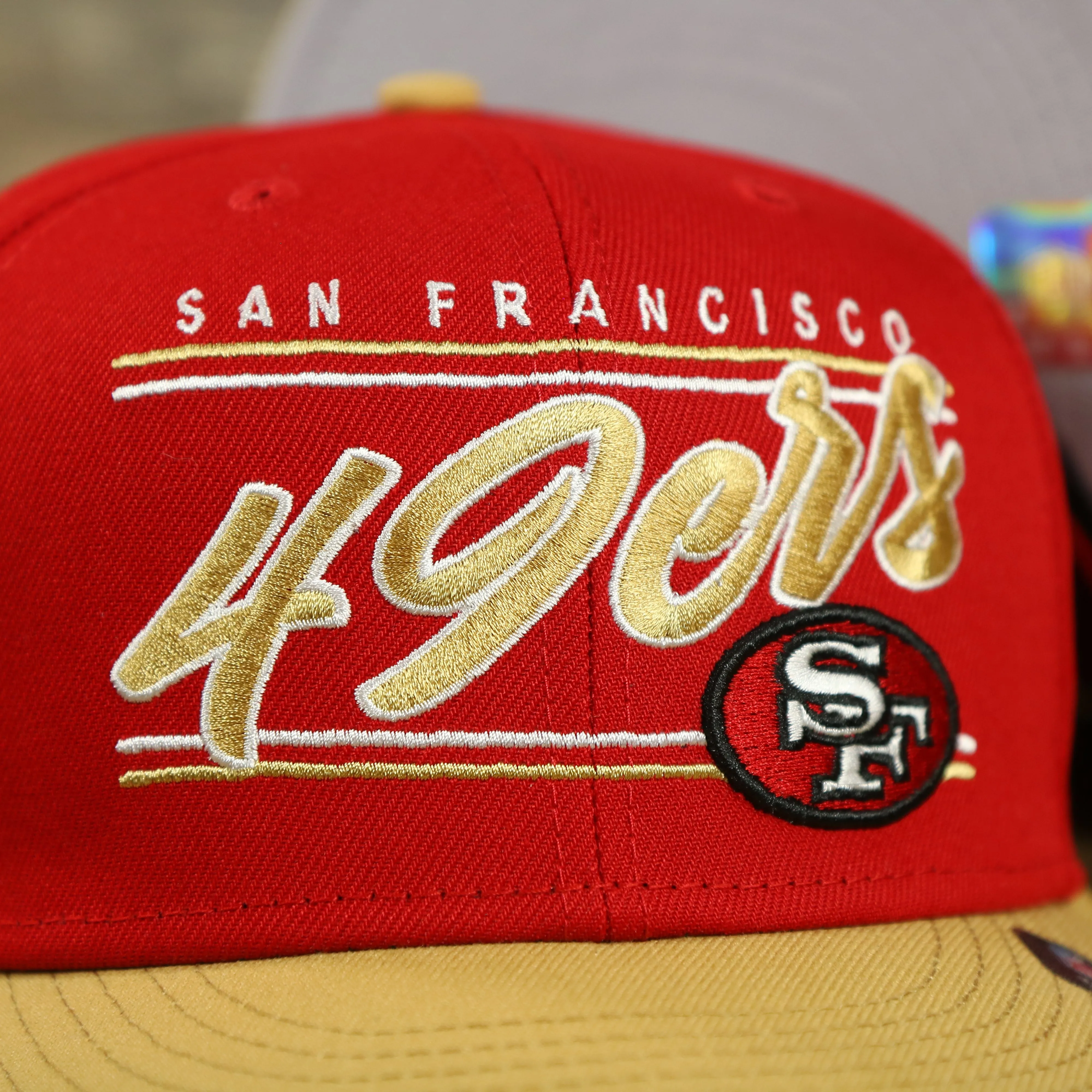 San Francisco 49ers Team Script College Bar 9Fifty Snapback Hat | Red/Tan 49ers 950 Snap Cap