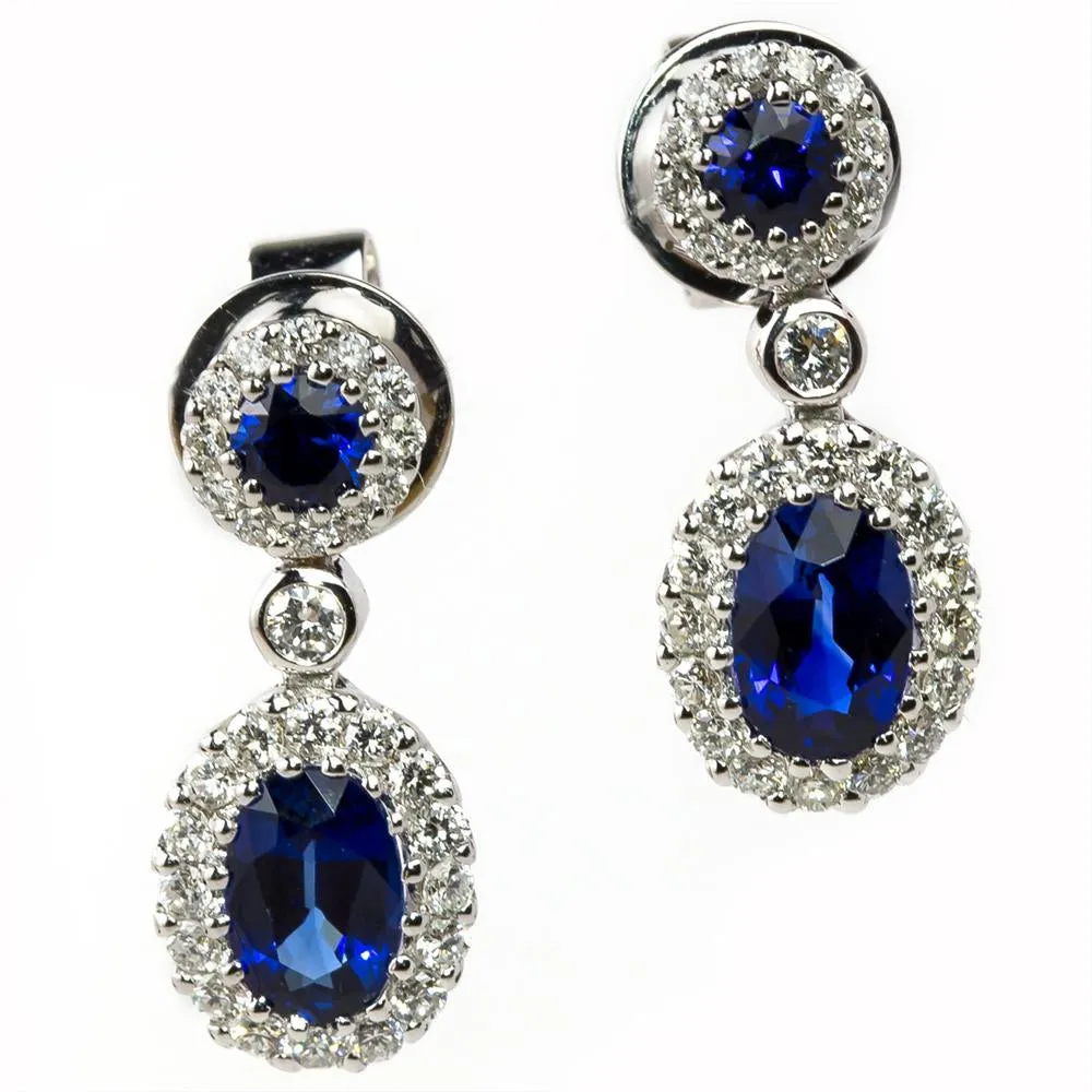 Sapphire & Diamond Halo Oval Dangle Drop Stud Earrings