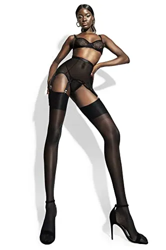 sofsy Women Sheer Thigh High Stockings | Garter Belt Pantyhose | 15 Den [Made in Italy] (Garter Belt Not Included) - Black - Plu