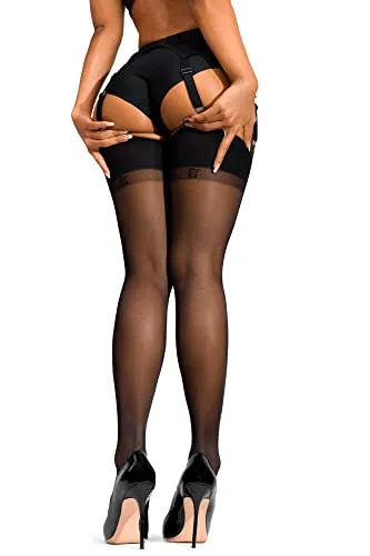 sofsy Women Sheer Thigh High Stockings | Garter Belt Pantyhose | 15 Den [Made in Italy] (Garter Belt Not Included) - Black - Sma