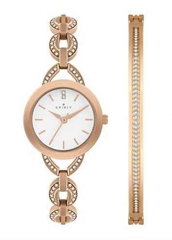 Spirit Ladies Polished Pale Rose Gold Link Bracelet Watch & Bangle Set | Grattan