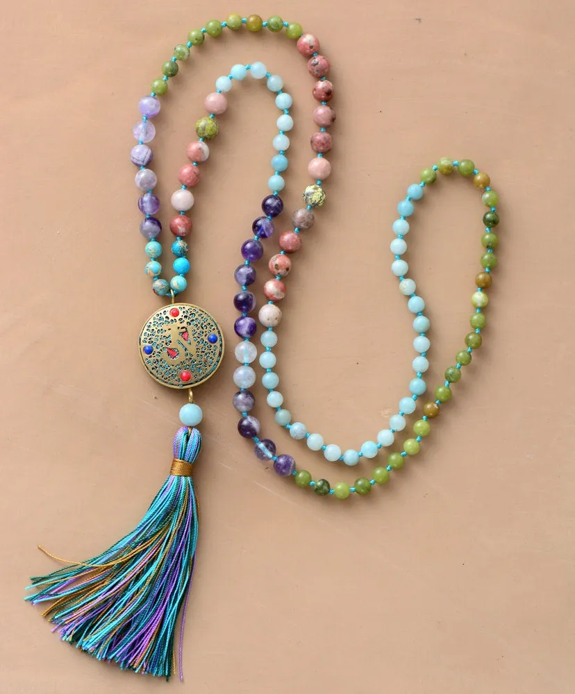 Spring Bloom Colorful Mala with Tibetan Center Bead Tassel Necklace