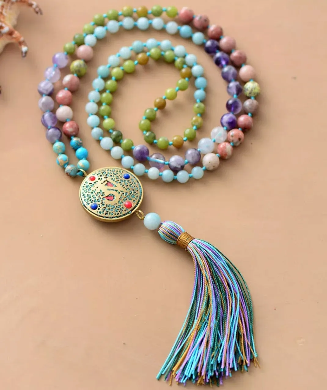 Spring Bloom Colorful Mala with Tibetan Center Bead Tassel Necklace