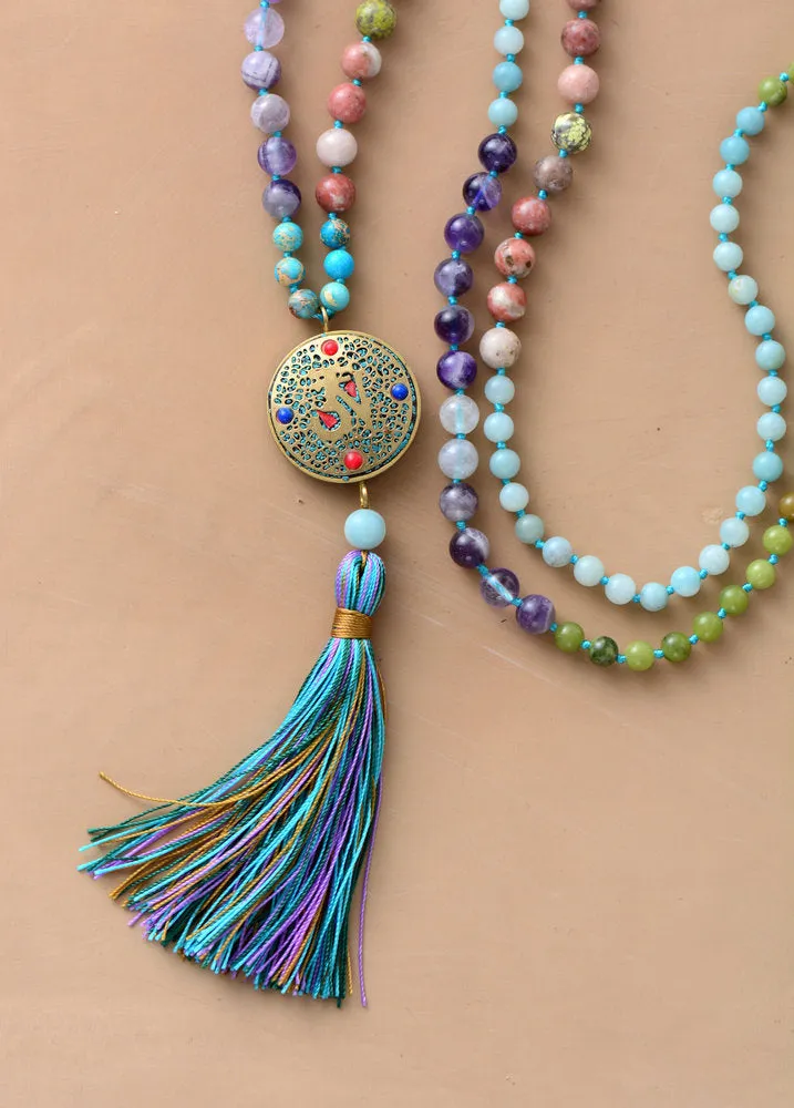 Spring Bloom Colorful Mala with Tibetan Center Bead Tassel Necklace