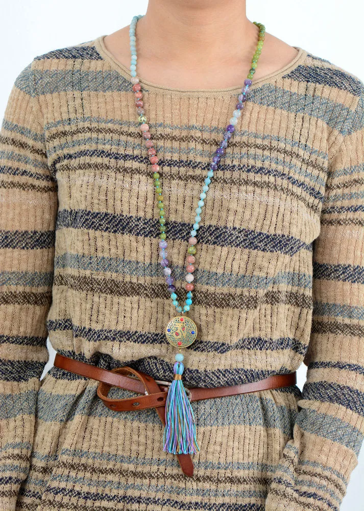 Spring Bloom Colorful Mala with Tibetan Center Bead Tassel Necklace