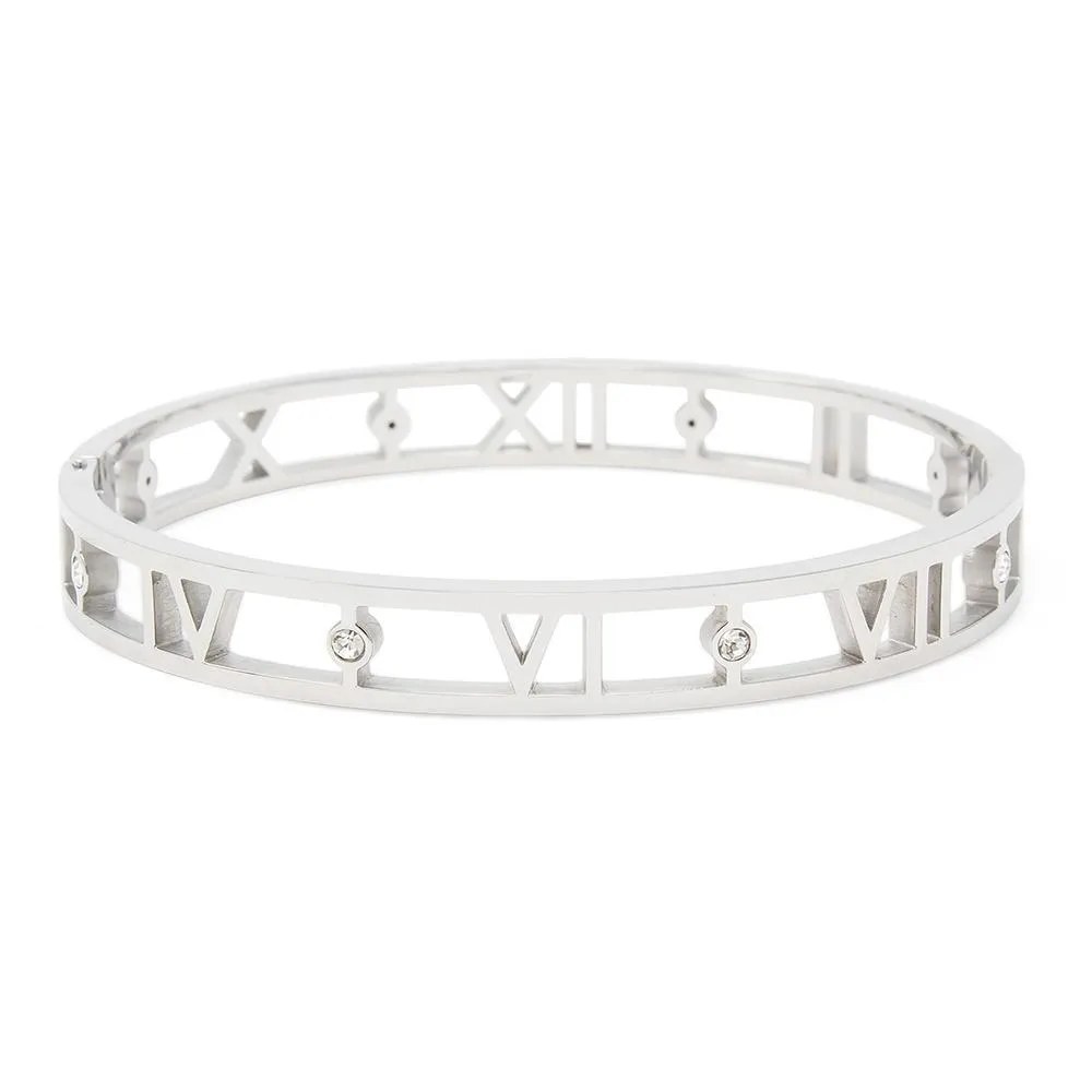 Stainless Steel Bangle Roman Numeral CZ