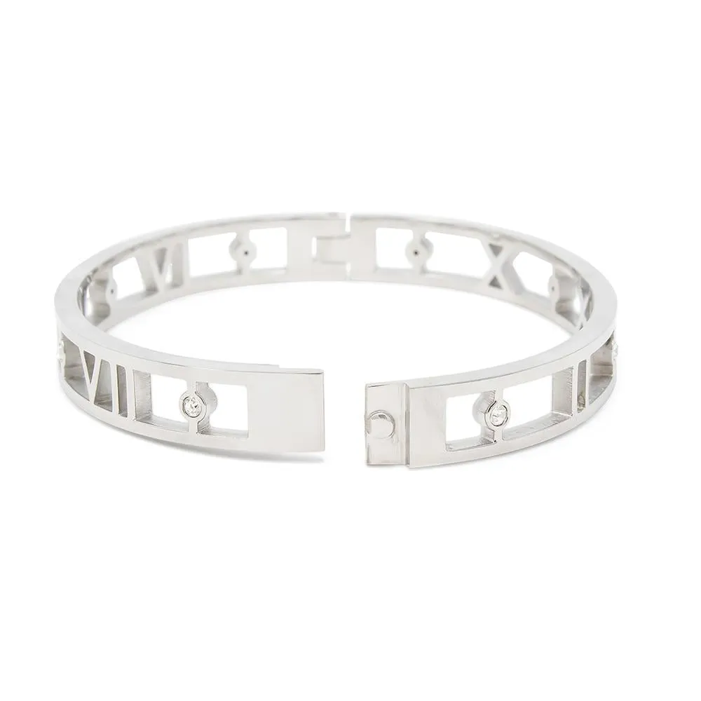 Stainless Steel Bangle Roman Numeral CZ