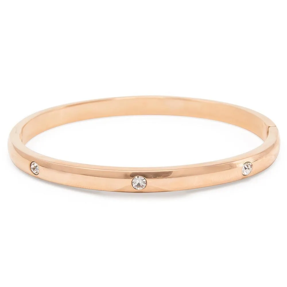 Stainless Steel Hinged Bangle Three CZ Rose Gold Plated