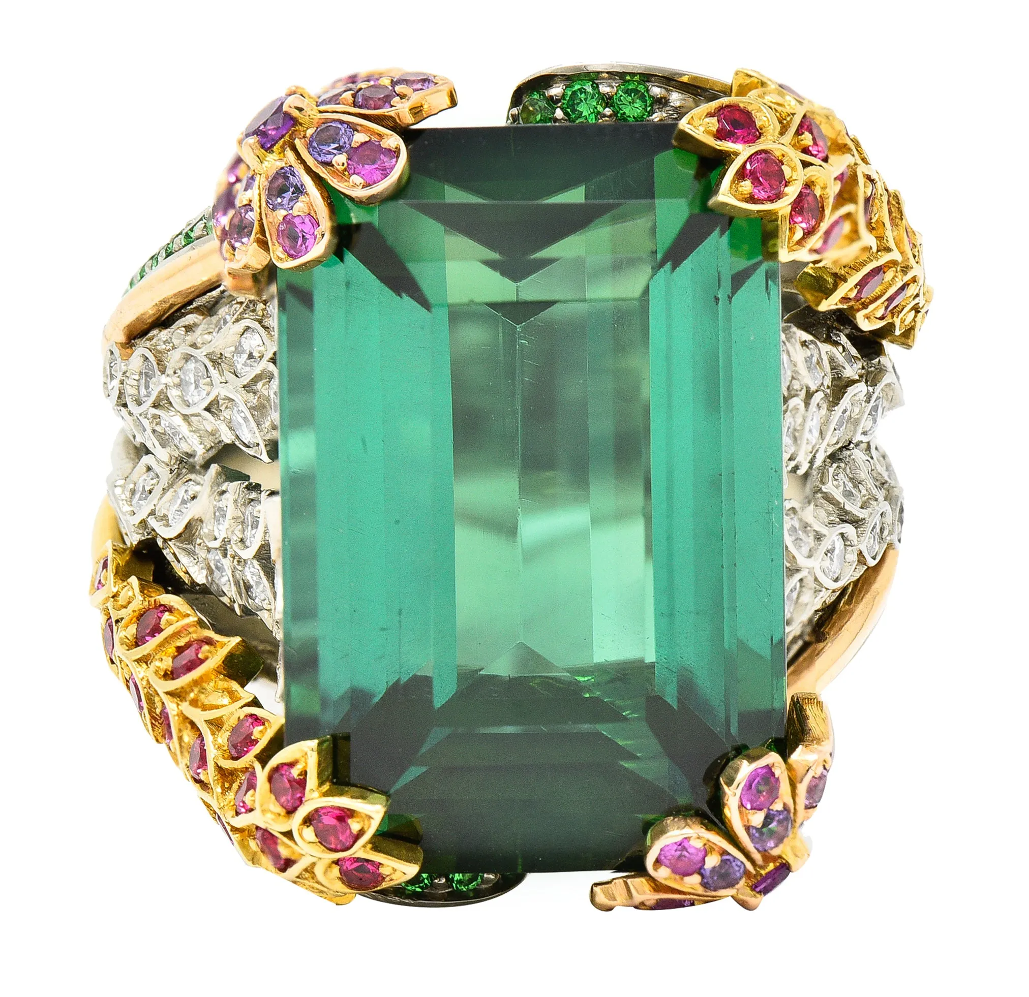 Substantial 28.59 CTW Tourmaline Sapphire Tsavorite Garnet Diamond 19 Karat Yellow Gold Contemporary Cocktail Ring