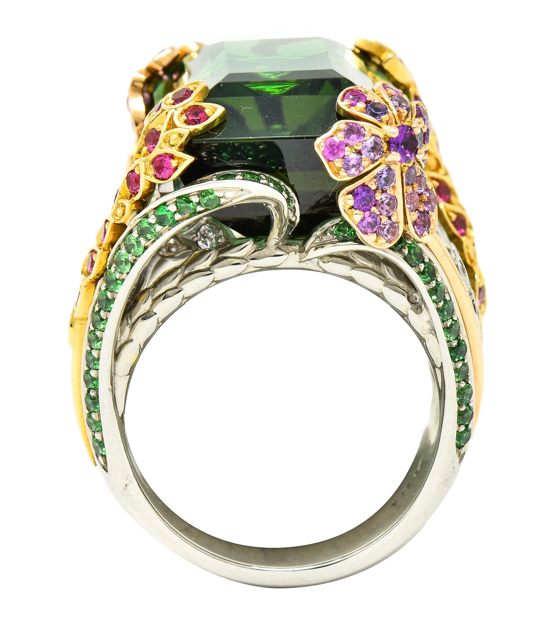 Substantial 28.59 CTW Tourmaline Sapphire Tsavorite Garnet Diamond 19 Karat Yellow Gold Contemporary Cocktail Ring