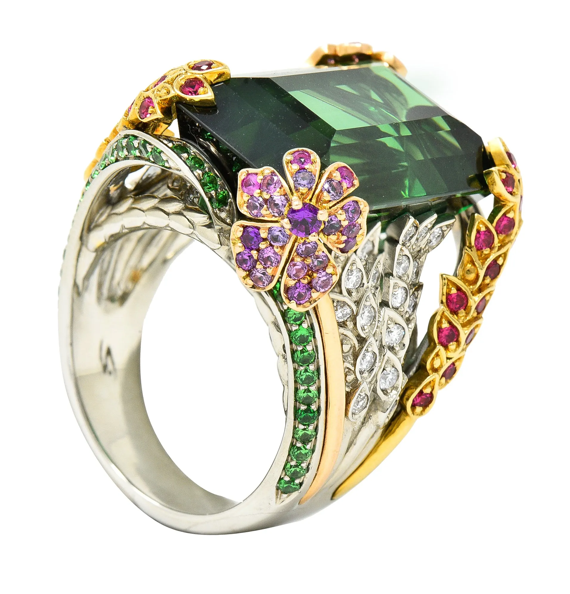 Substantial 28.59 CTW Tourmaline Sapphire Tsavorite Garnet Diamond 19 Karat Yellow Gold Contemporary Cocktail Ring