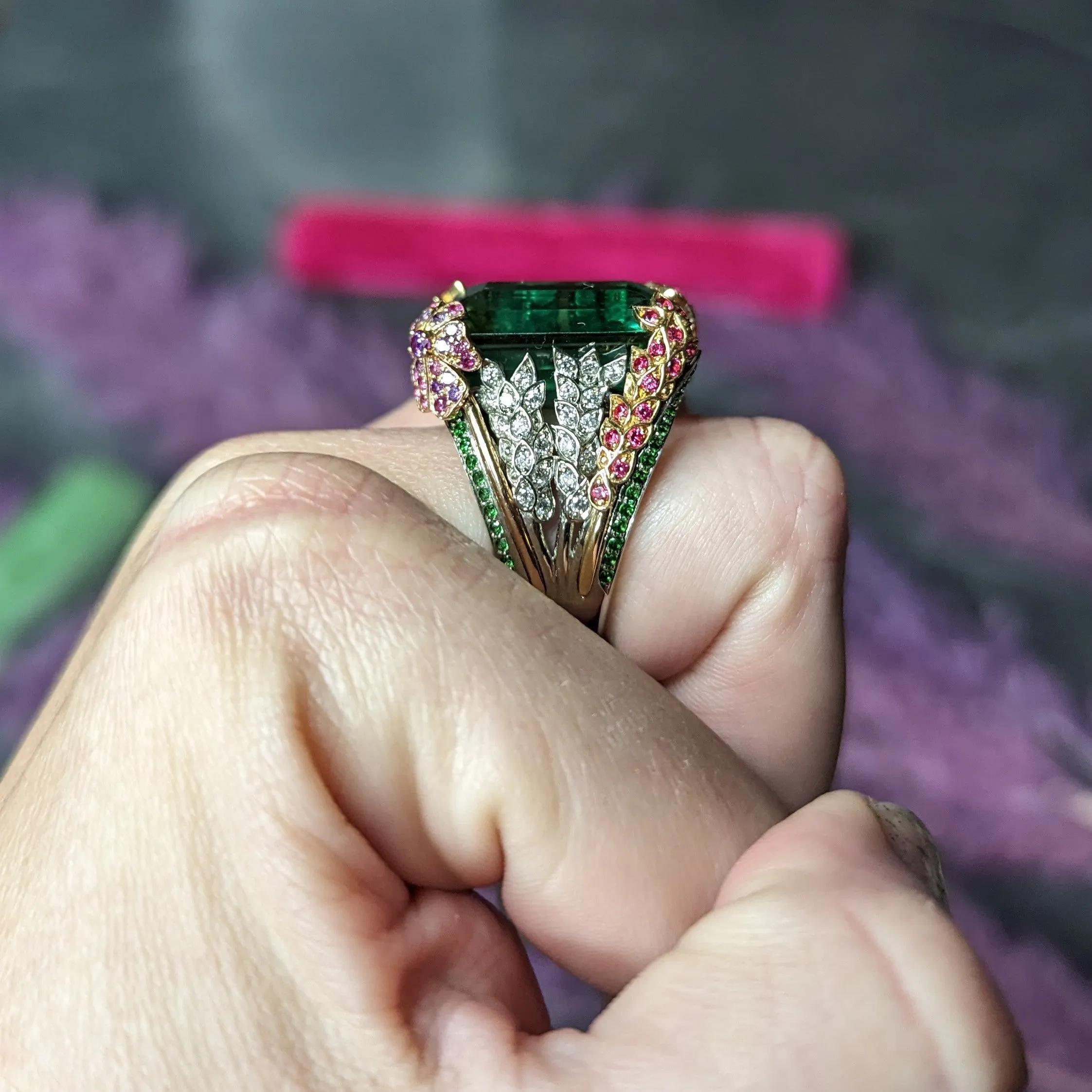 Substantial 28.59 CTW Tourmaline Sapphire Tsavorite Garnet Diamond 19 Karat Yellow Gold Contemporary Cocktail Ring