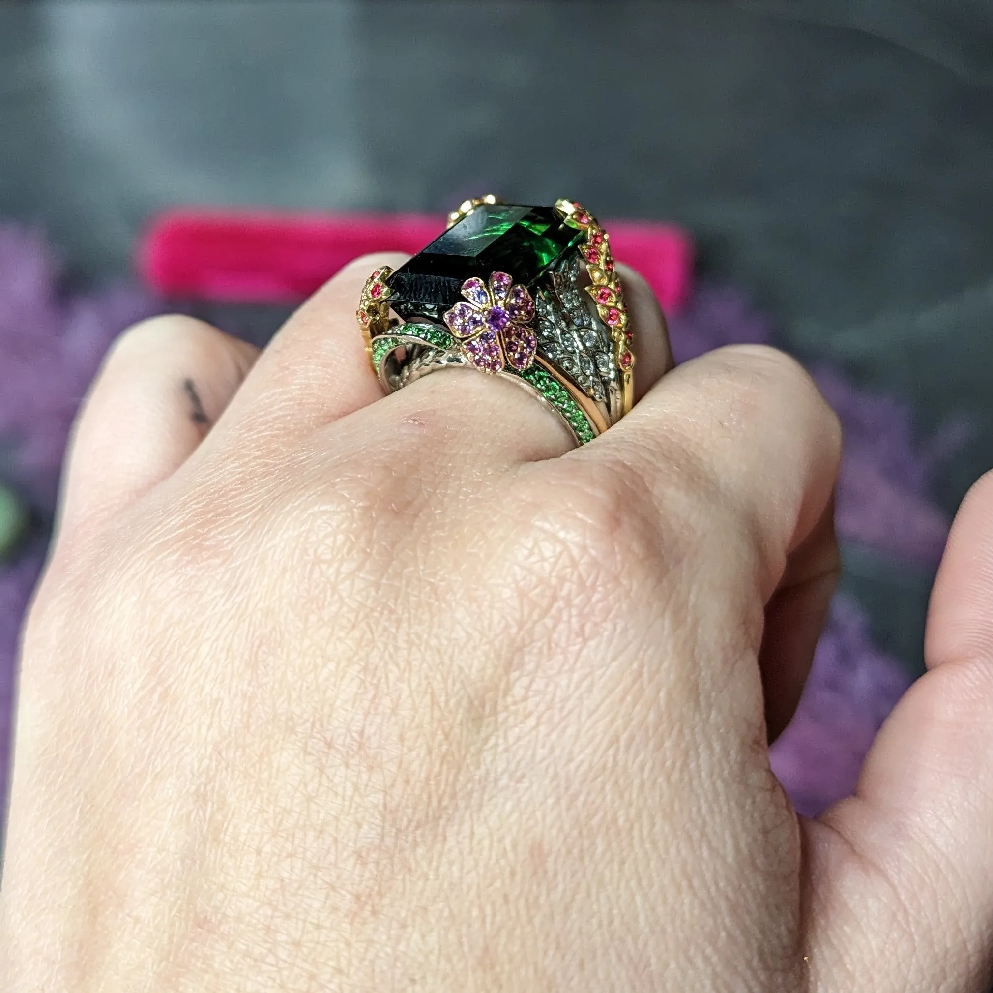 Substantial 28.59 CTW Tourmaline Sapphire Tsavorite Garnet Diamond 19 Karat Yellow Gold Contemporary Cocktail Ring