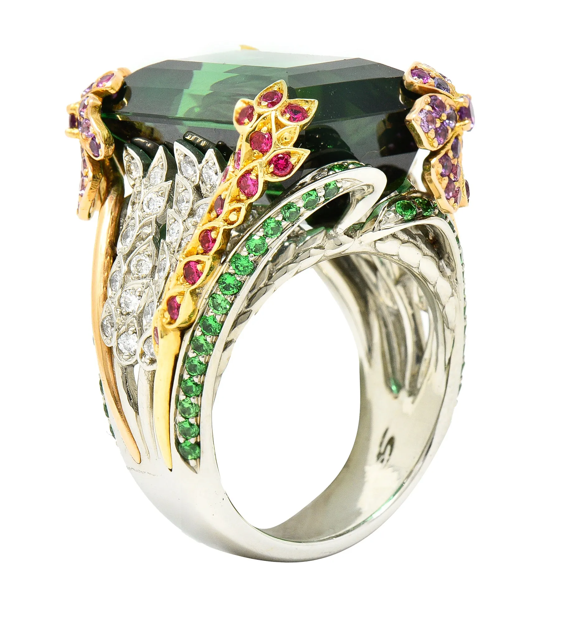 Substantial 28.59 CTW Tourmaline Sapphire Tsavorite Garnet Diamond 19 Karat Yellow Gold Contemporary Cocktail Ring