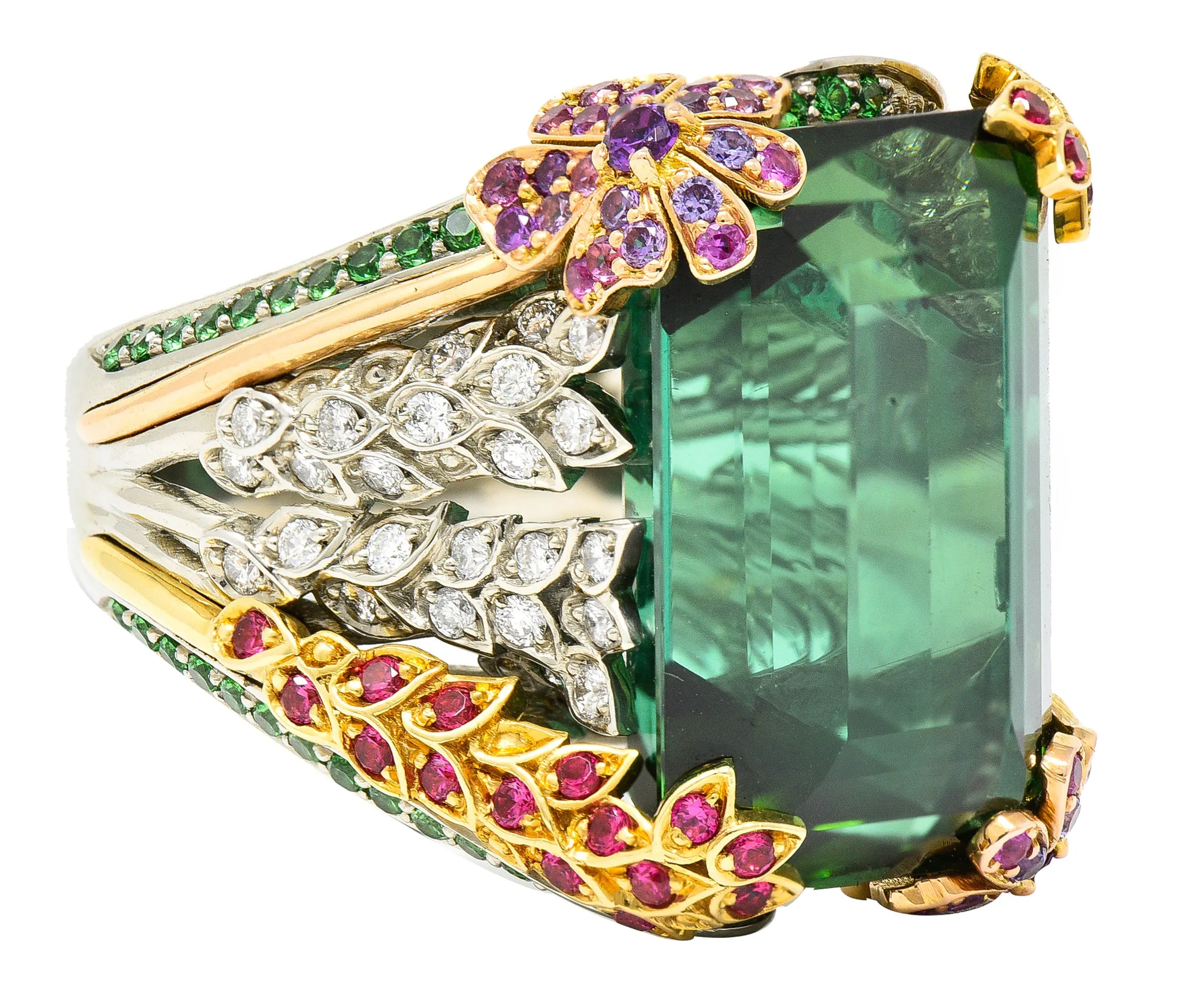 Substantial 28.59 CTW Tourmaline Sapphire Tsavorite Garnet Diamond 19 Karat Yellow Gold Contemporary Cocktail Ring