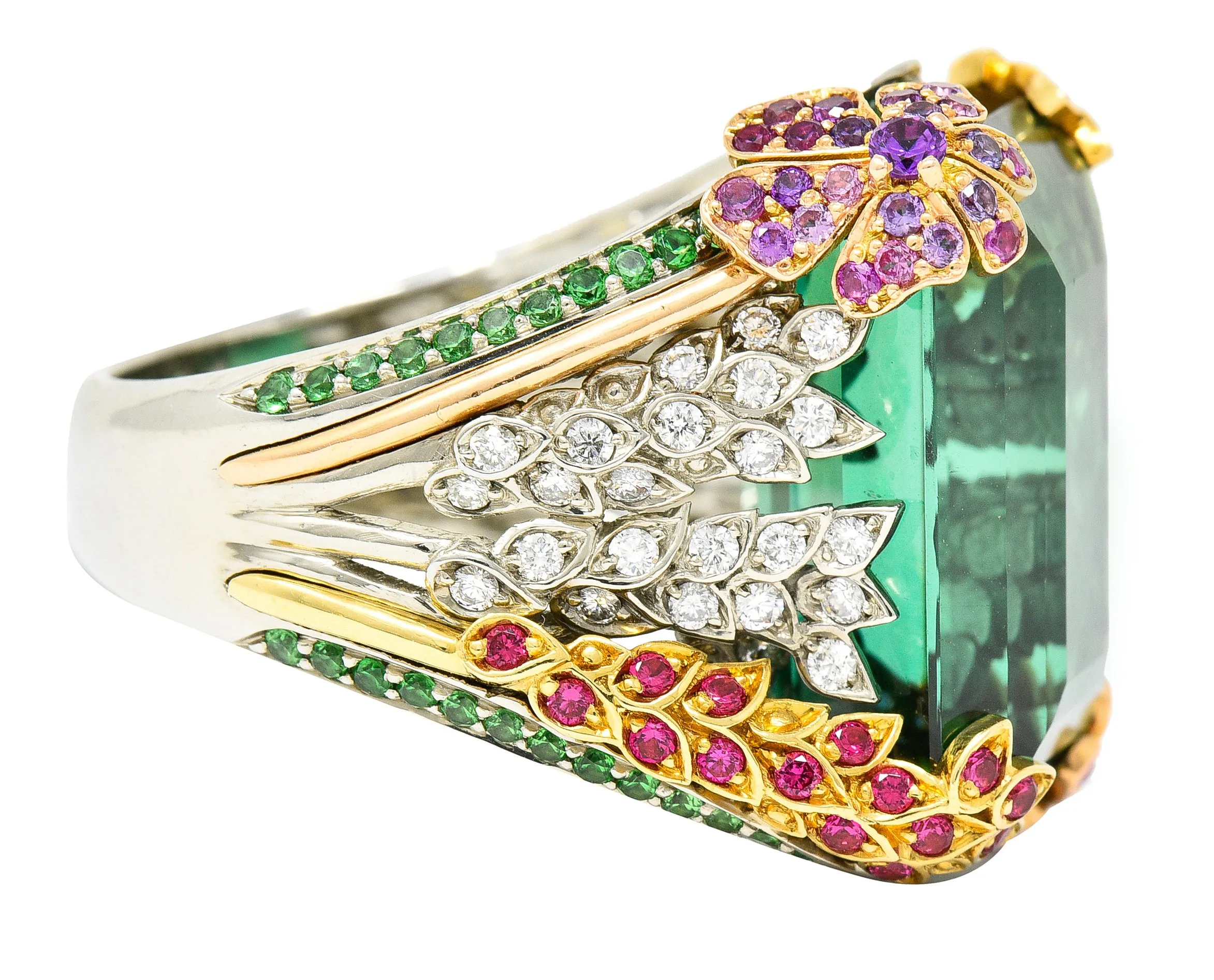 Substantial 28.59 CTW Tourmaline Sapphire Tsavorite Garnet Diamond 19 Karat Yellow Gold Contemporary Cocktail Ring