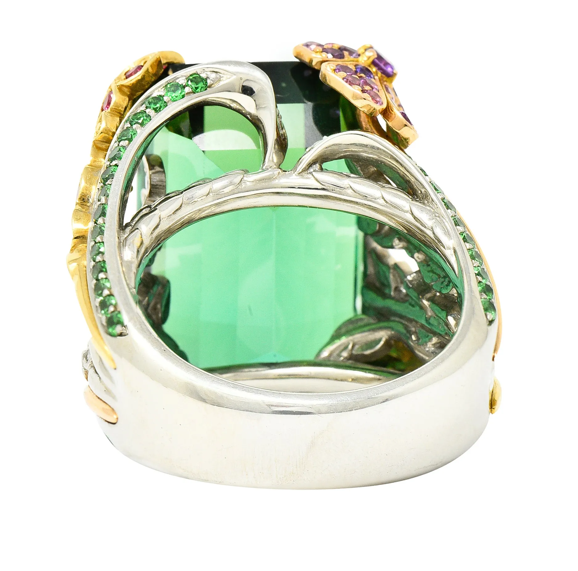 Substantial 28.59 CTW Tourmaline Sapphire Tsavorite Garnet Diamond 19 Karat Yellow Gold Contemporary Cocktail Ring