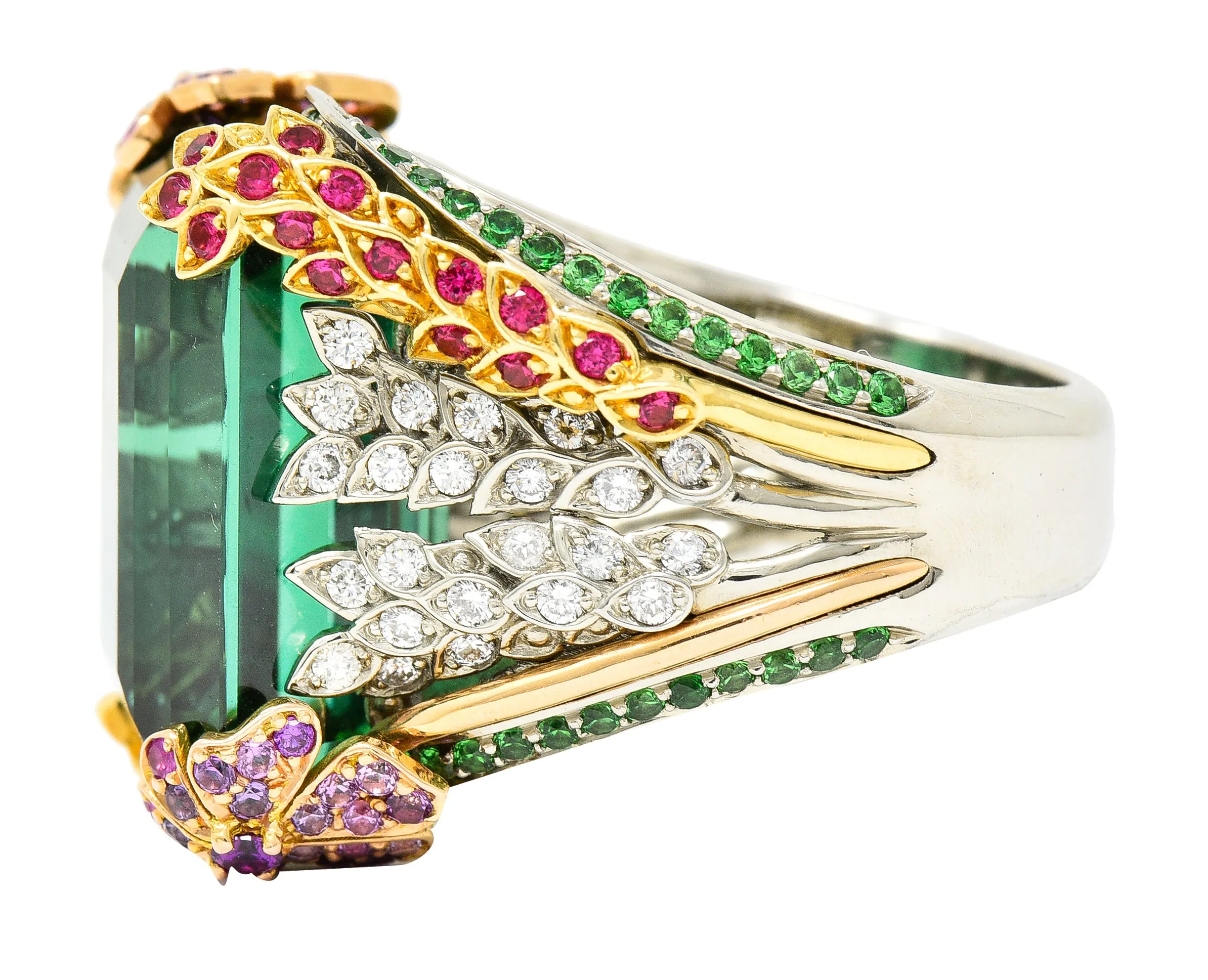 Substantial 28.59 CTW Tourmaline Sapphire Tsavorite Garnet Diamond 19 Karat Yellow Gold Contemporary Cocktail Ring