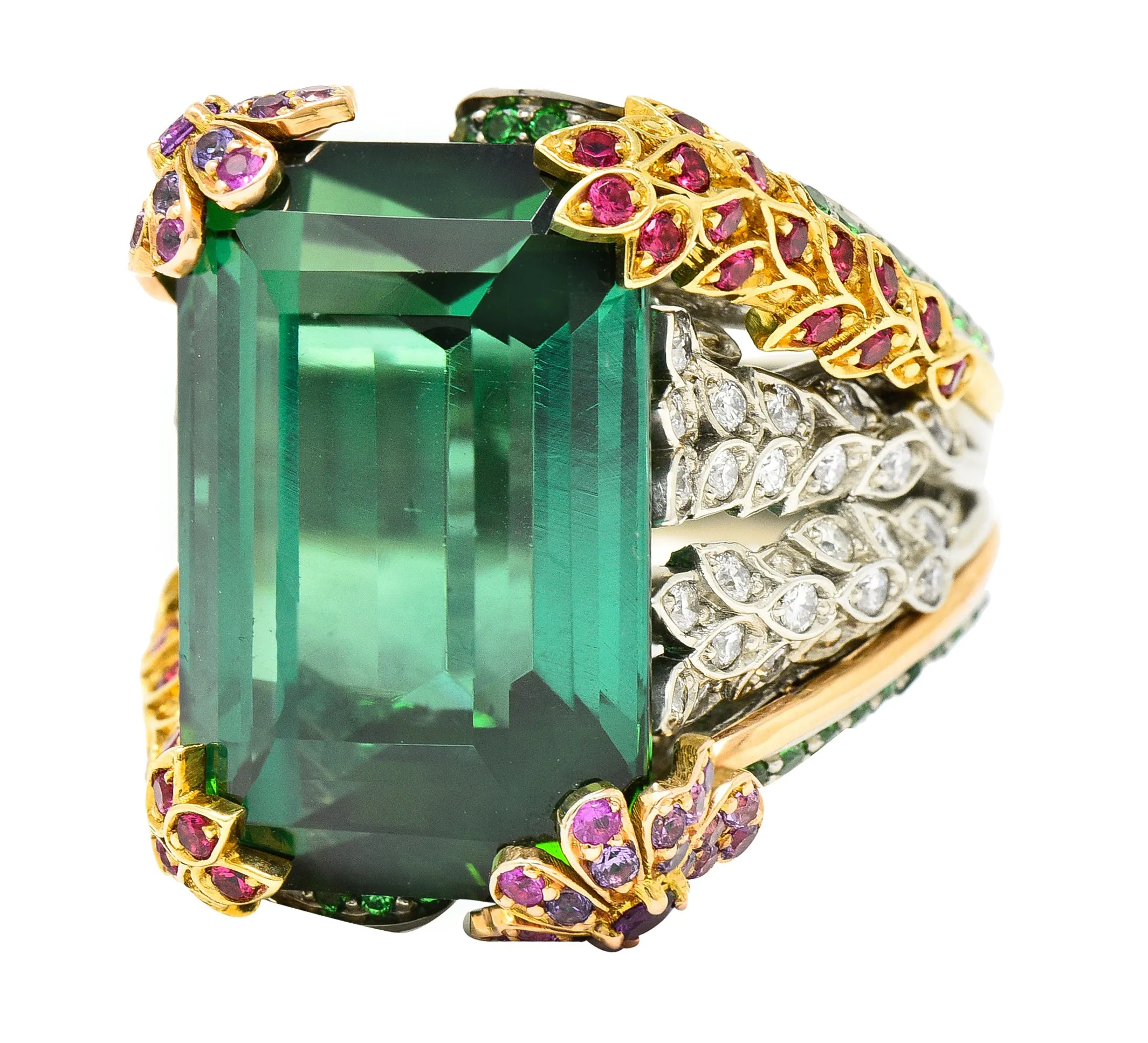 Substantial 28.59 CTW Tourmaline Sapphire Tsavorite Garnet Diamond 19 Karat Yellow Gold Contemporary Cocktail Ring