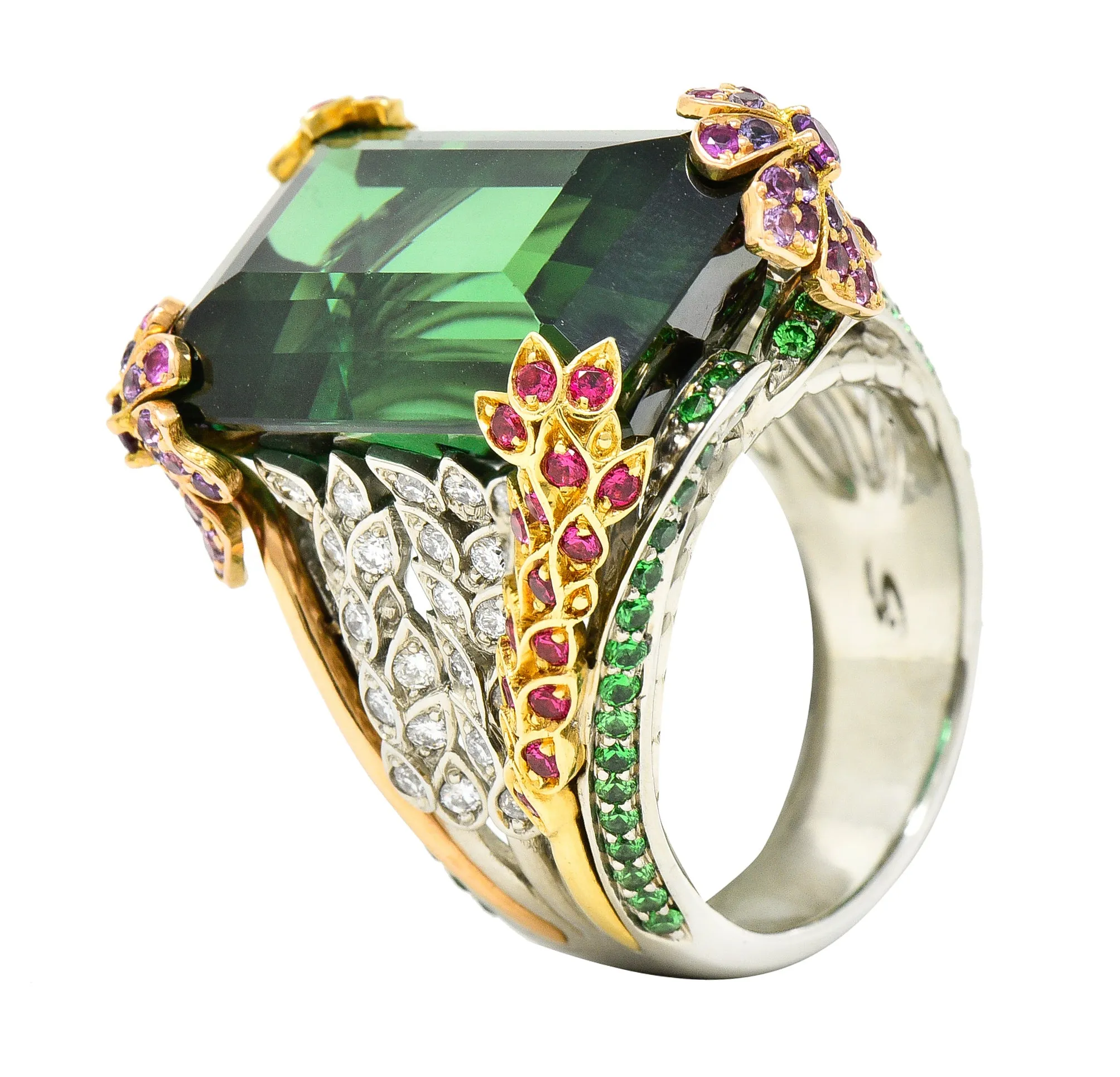 Substantial 28.59 CTW Tourmaline Sapphire Tsavorite Garnet Diamond 19 Karat Yellow Gold Contemporary Cocktail Ring