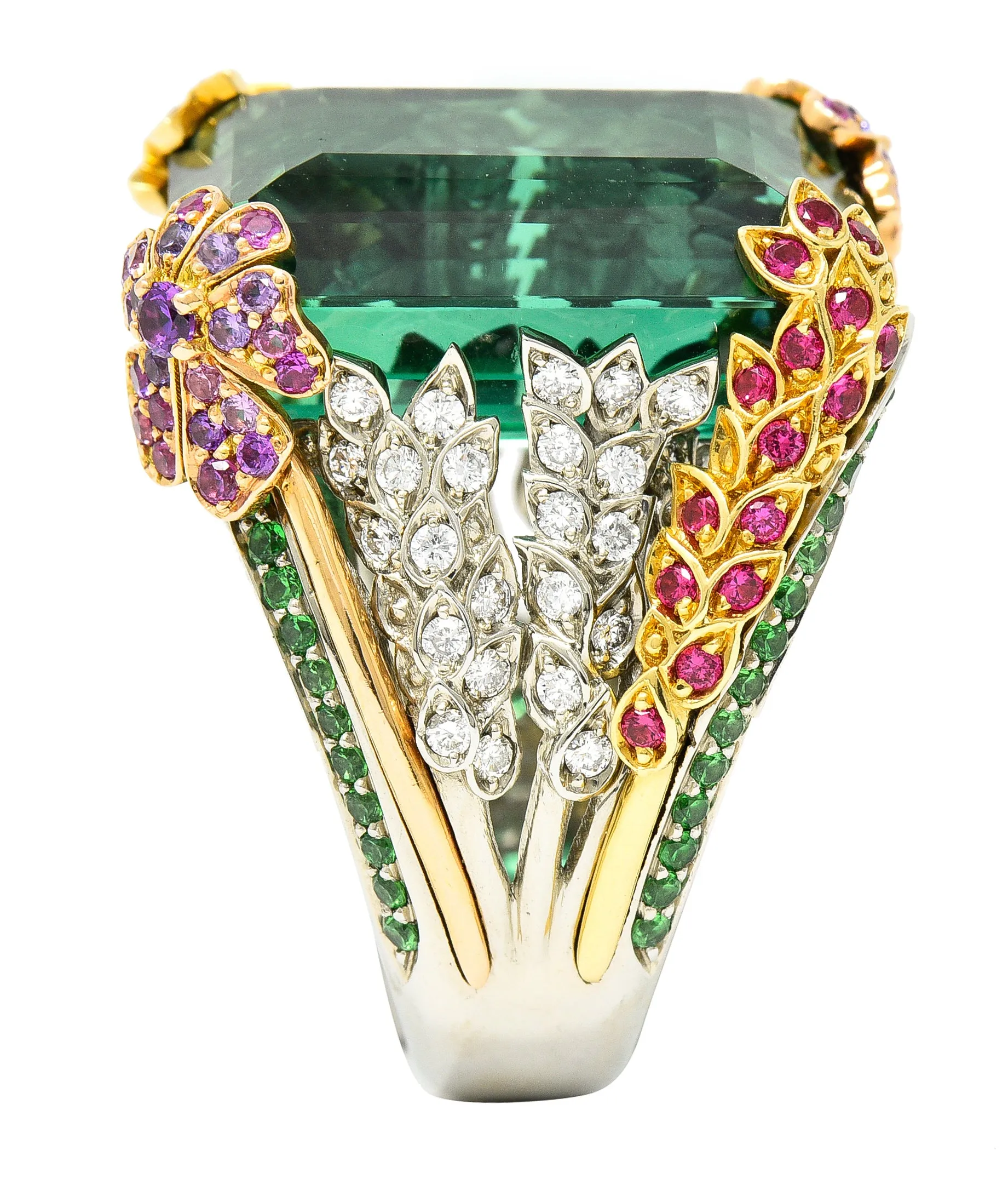 Substantial 28.59 CTW Tourmaline Sapphire Tsavorite Garnet Diamond 19 Karat Yellow Gold Contemporary Cocktail Ring