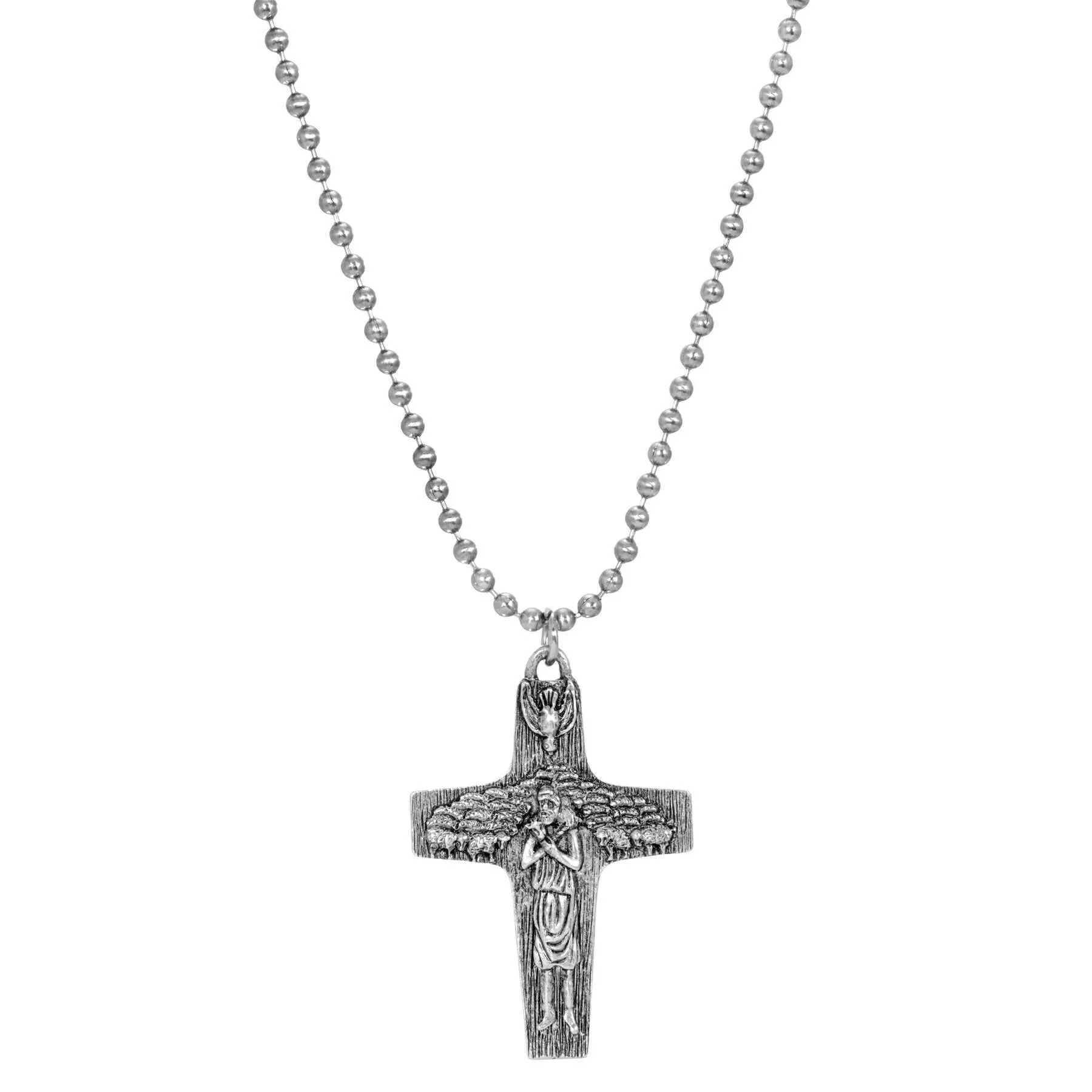 Symbols of Faith Shepherd with Flock of Sheep Pewter Cross Pendant Necklace 22