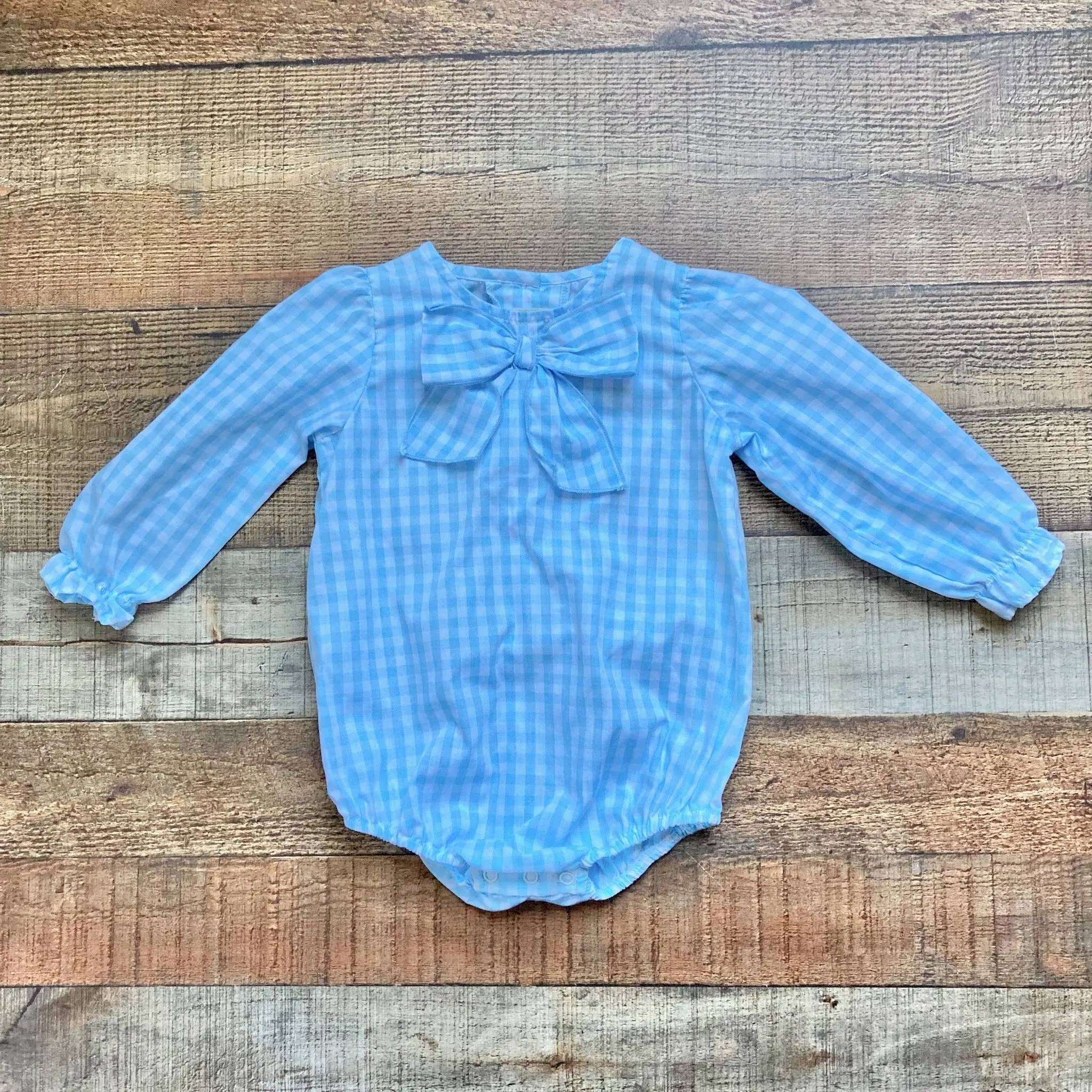 The Beaufort Bonnet Company Blue Gingham Bow Onesie- Size 18-24M