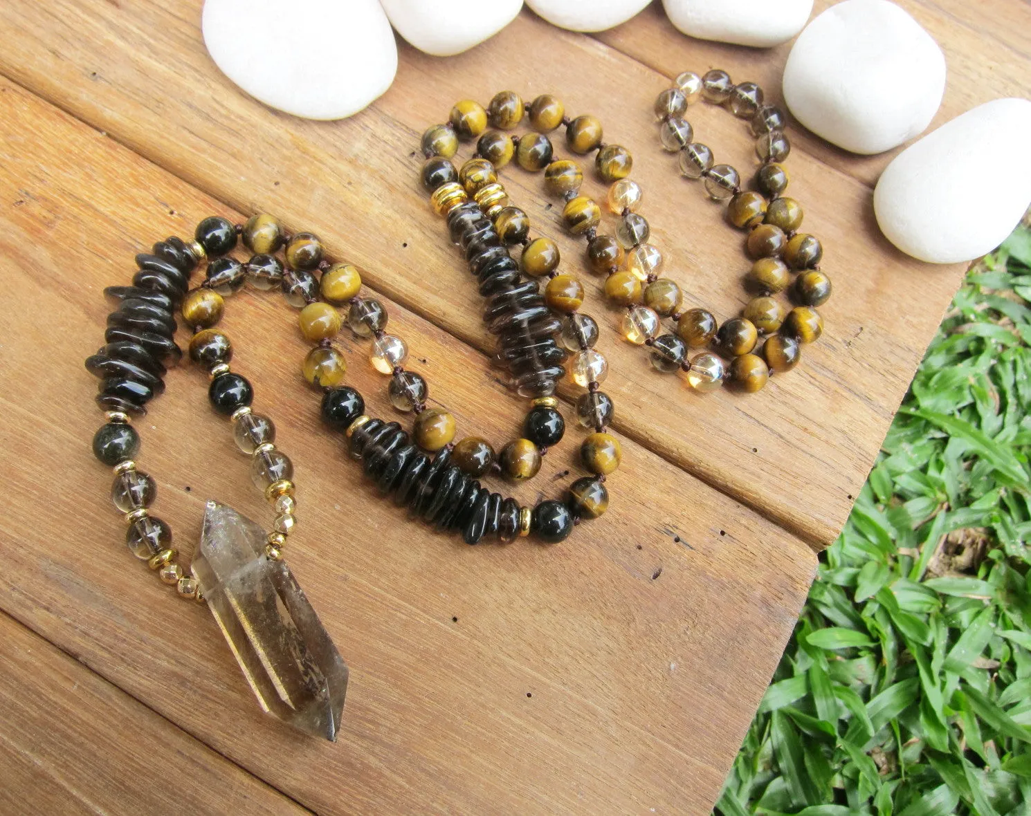 Tiger Eye Mala Necklace in Smoky Quartz Double Terminated Pendant Point