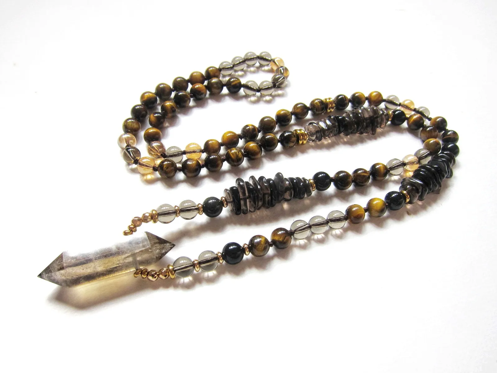 Tiger Eye Mala Necklace in Smoky Quartz Double Terminated Pendant Point