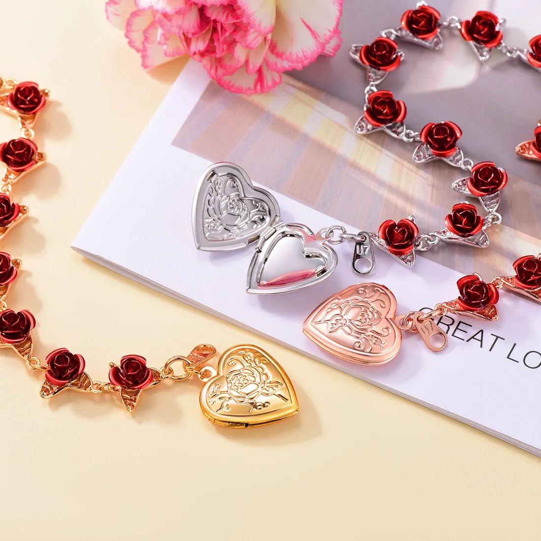 U7 Jewelry Rose Flower Photo Locket Bracelet For Women