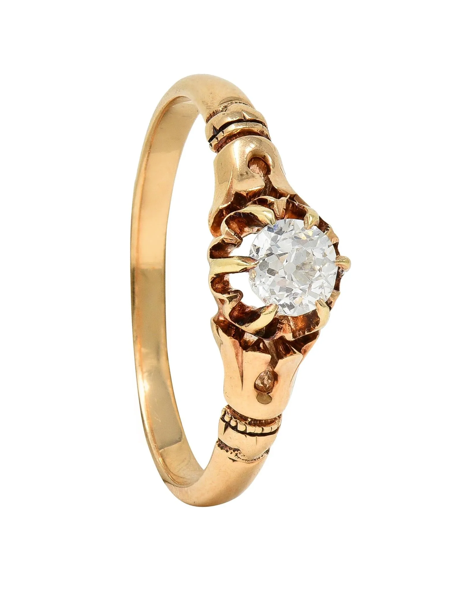 Victorian 0.30 CTW Old Mine Cut Diamond 14 Karat Yellow Gold Foliate Antique Engagement Ring