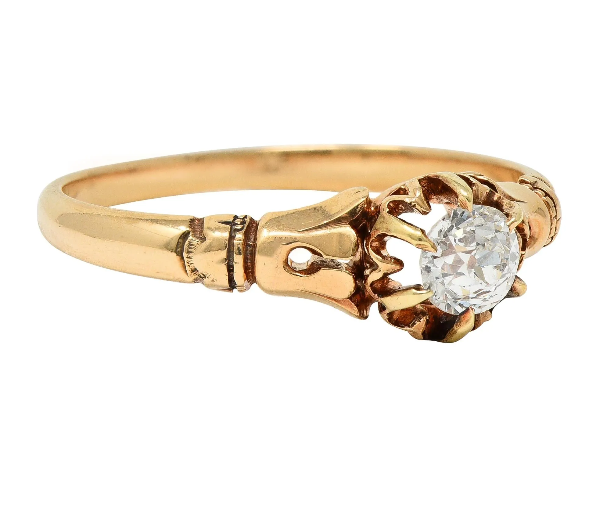 Victorian 0.30 CTW Old Mine Cut Diamond 14 Karat Yellow Gold Foliate Antique Engagement Ring