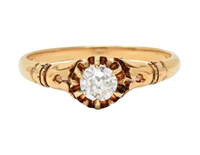 Victorian 0.30 CTW Old Mine Cut Diamond 14 Karat Yellow Gold Foliate Antique Engagement Ring