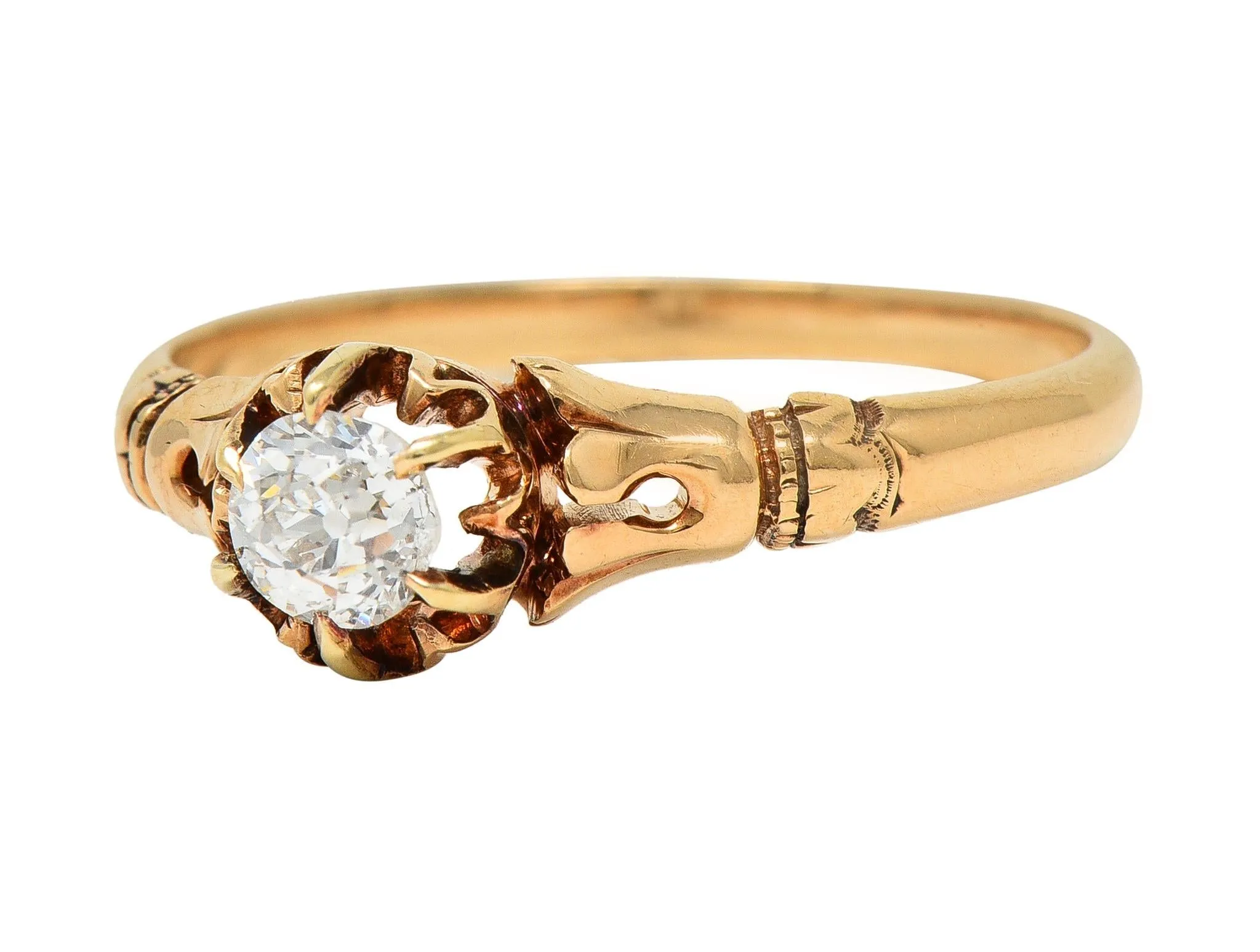 Victorian 0.30 CTW Old Mine Cut Diamond 14 Karat Yellow Gold Foliate Antique Engagement Ring