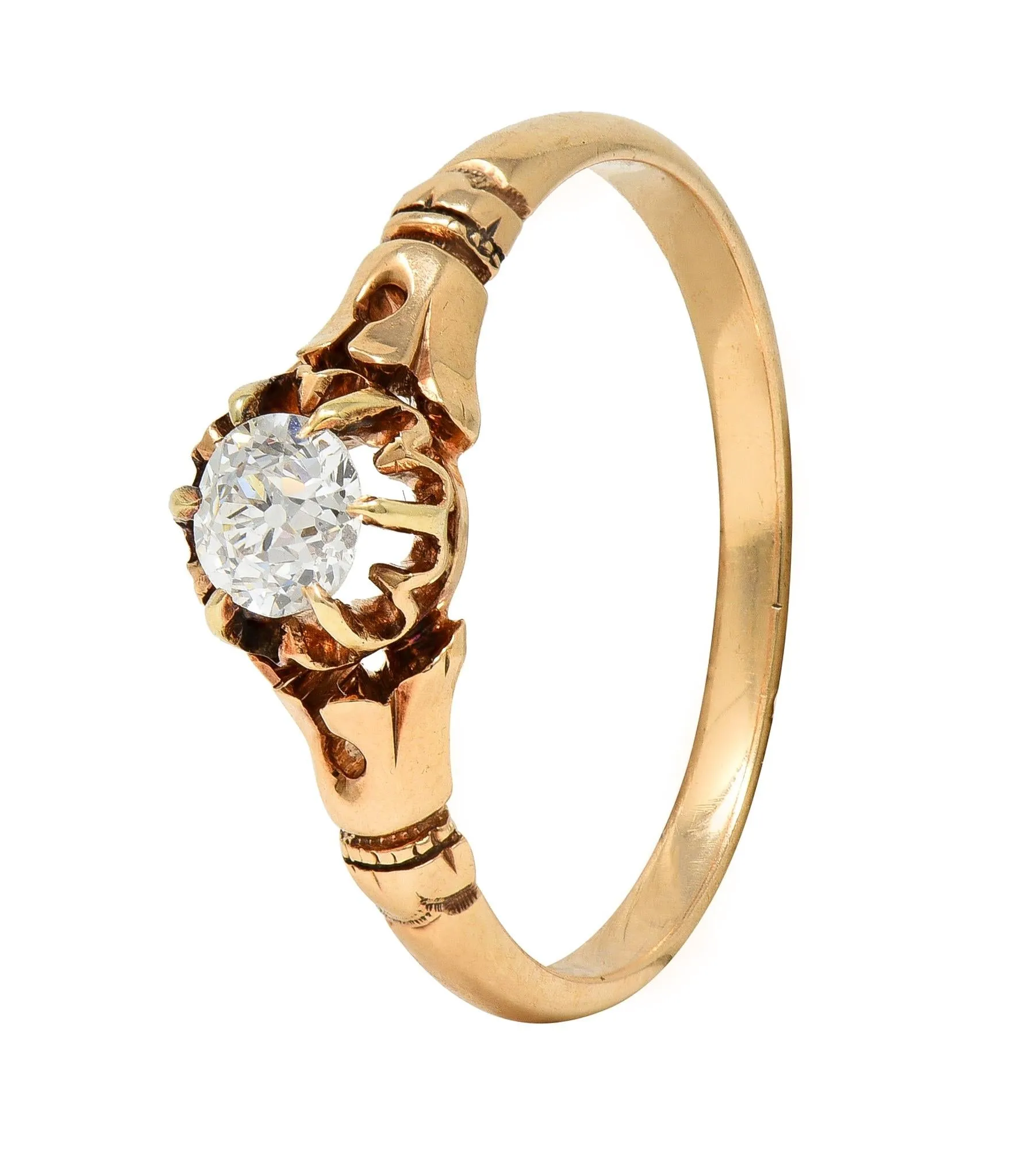 Victorian 0.30 CTW Old Mine Cut Diamond 14 Karat Yellow Gold Foliate Antique Engagement Ring