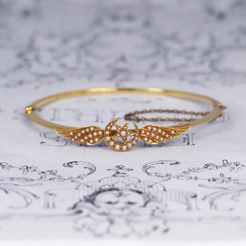 Victorian Crescent Moon, Star and Wing Pearl Bangle