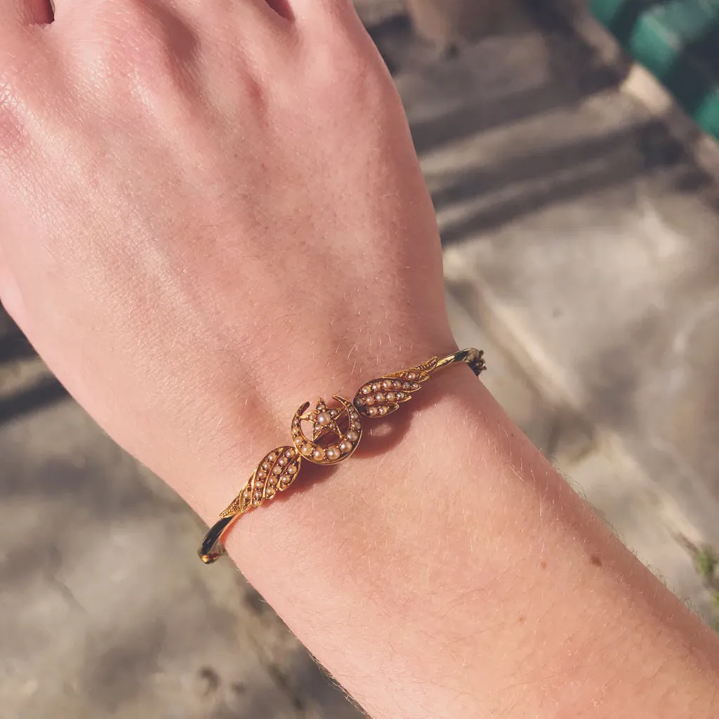 Victorian Crescent Moon, Star and Wing Pearl Bangle