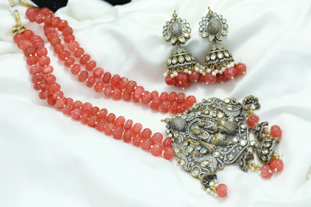 Victorian Krishna Polki Necklace Set - Melon Beads