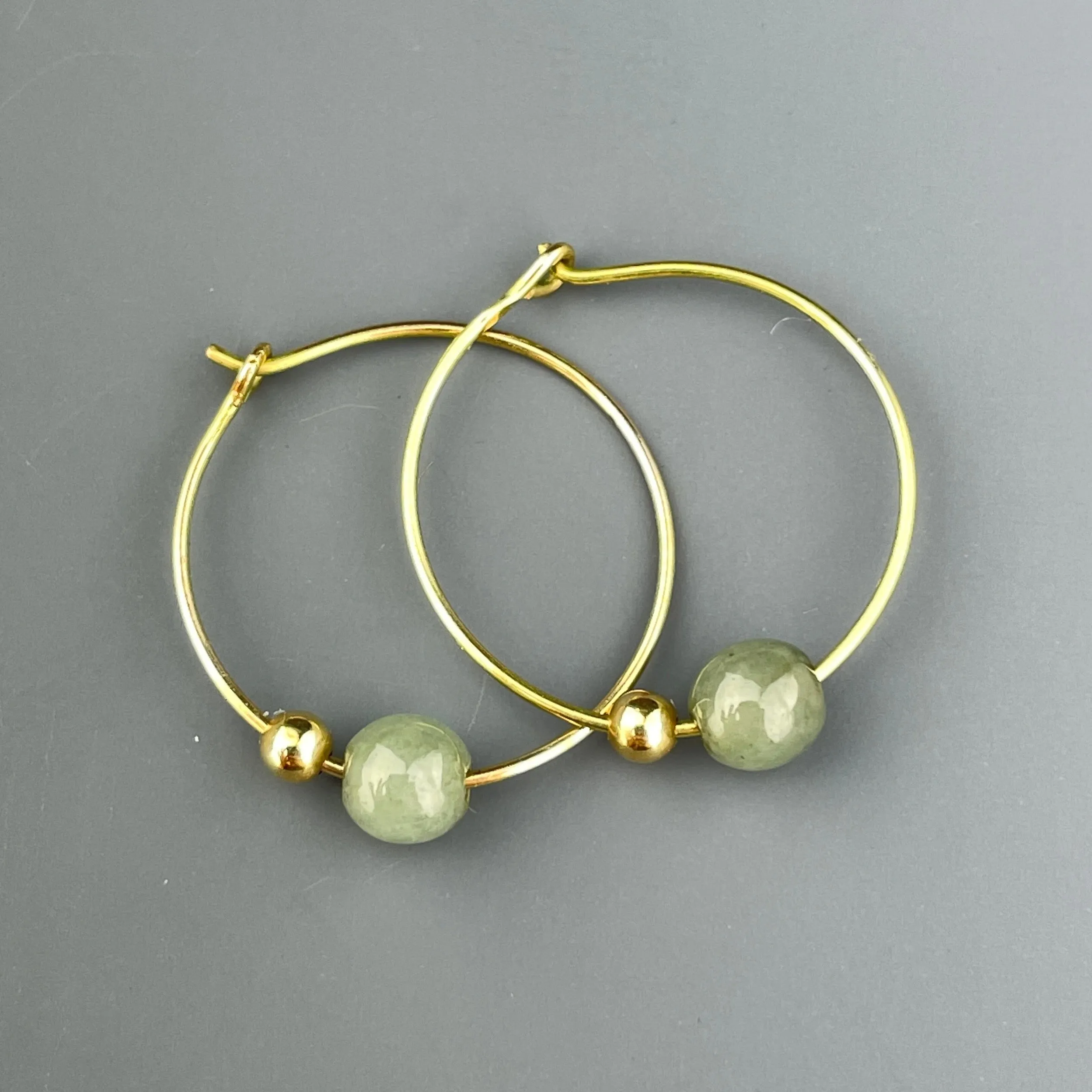 Vintage 14K Gold Jade Ball Hoop Earrings