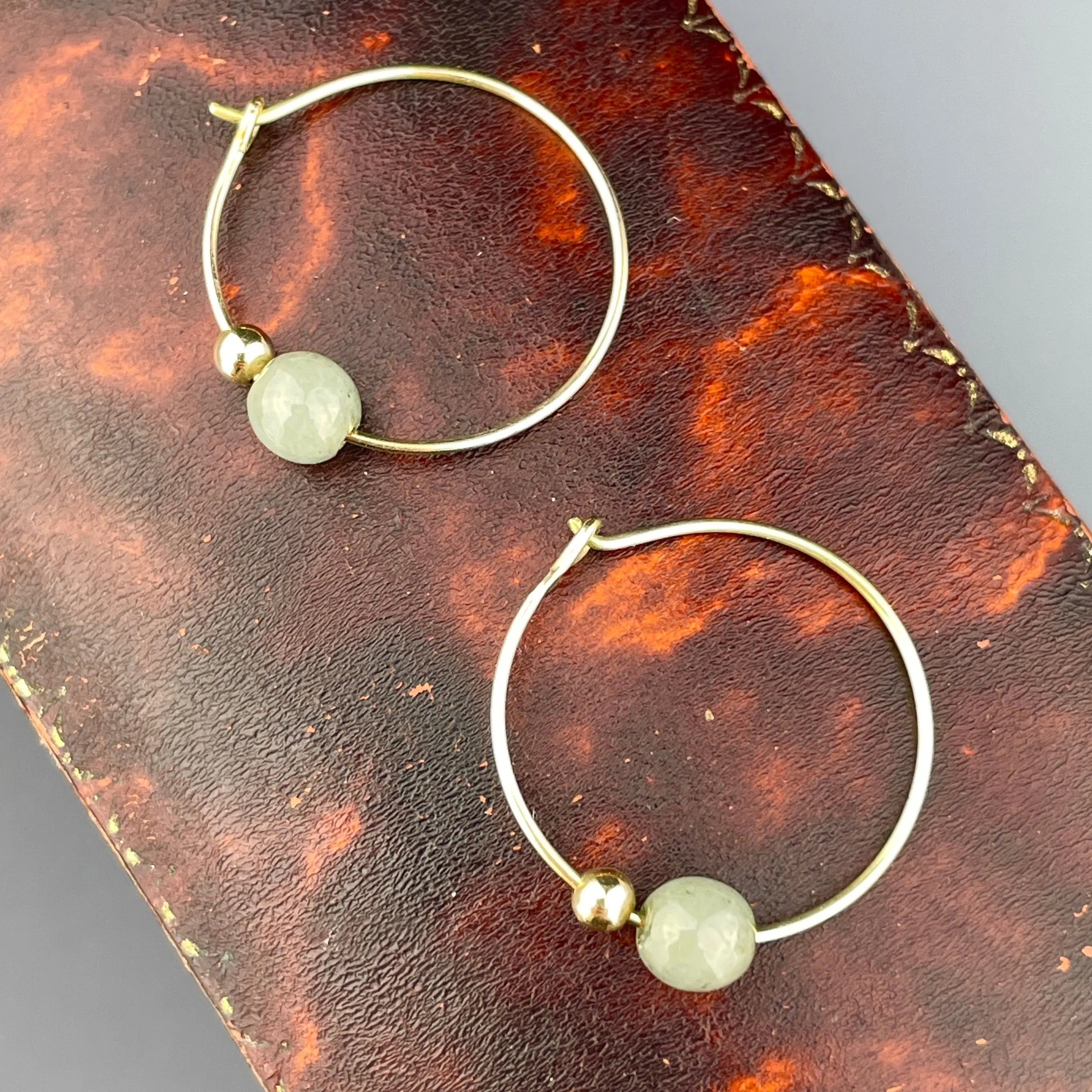 Vintage 14K Gold Jade Ball Hoop Earrings