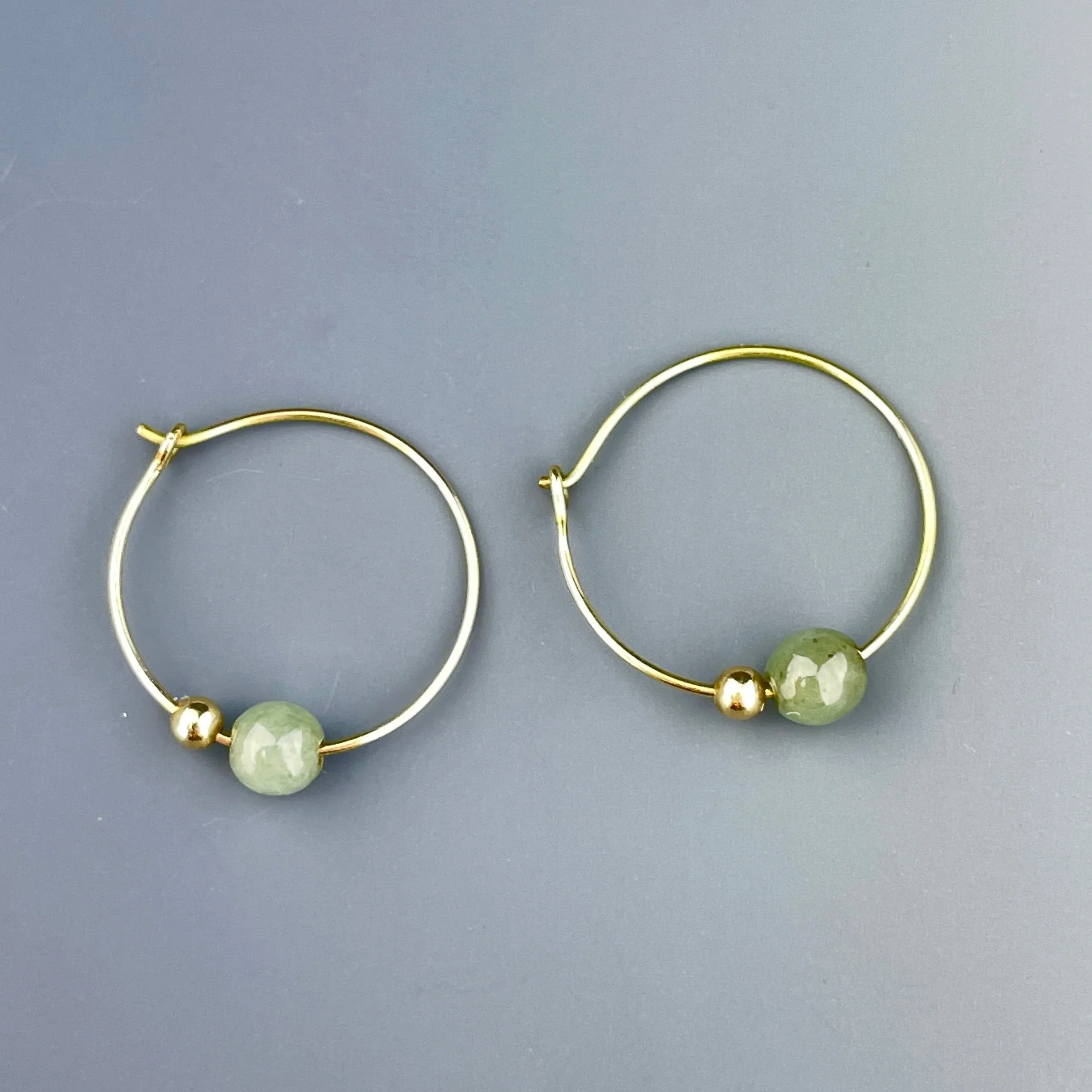 Vintage 14K Gold Jade Ball Hoop Earrings