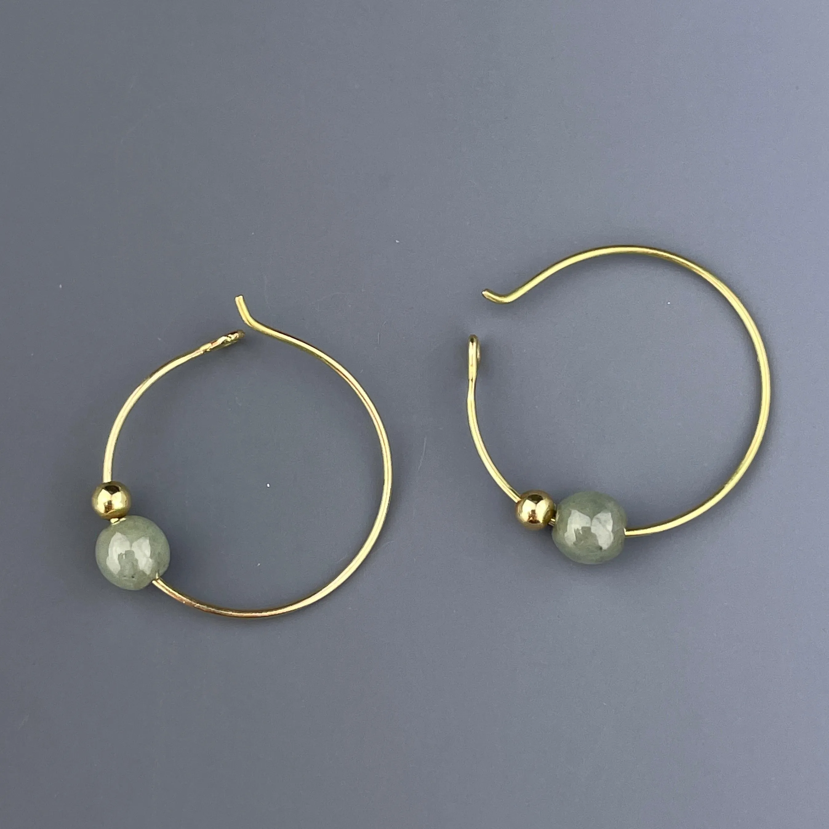 Vintage 14K Gold Jade Ball Hoop Earrings