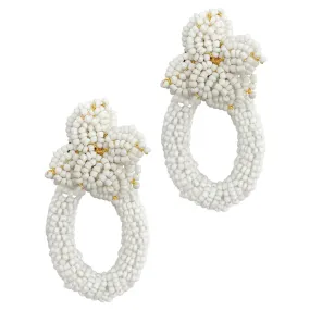 White Beaded Flower Oval Drop Earring