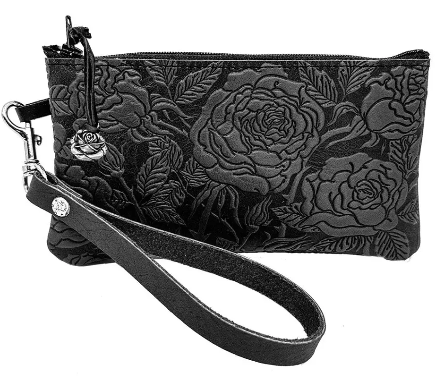 Wild Rose Leather Zip Wristlet Pouch